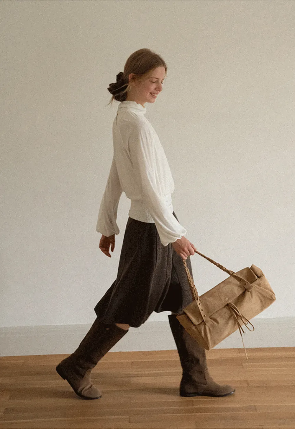 High Neck Pleated Blouse with Sheer Long Sleeves