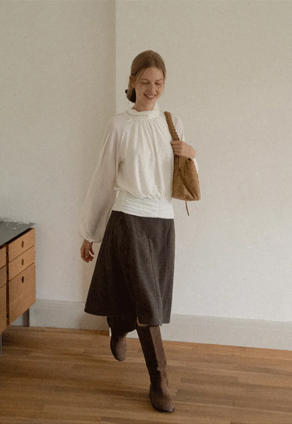 High Neck Pleated Blouse with Sheer Long Sleeves