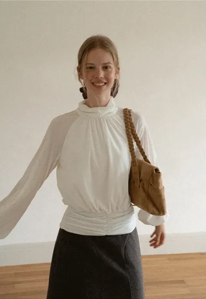 High Neck Pleated Blouse with Sheer Long Sleeves