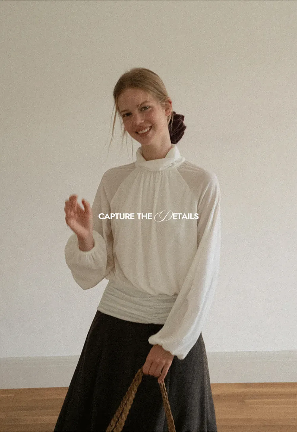 High Neck Pleated Blouse with Sheer Long Sleeves