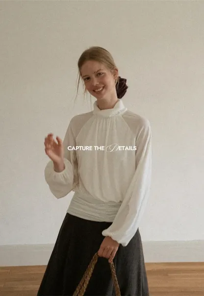 High Neck Pleated Blouse with Sheer Long Sleeves
