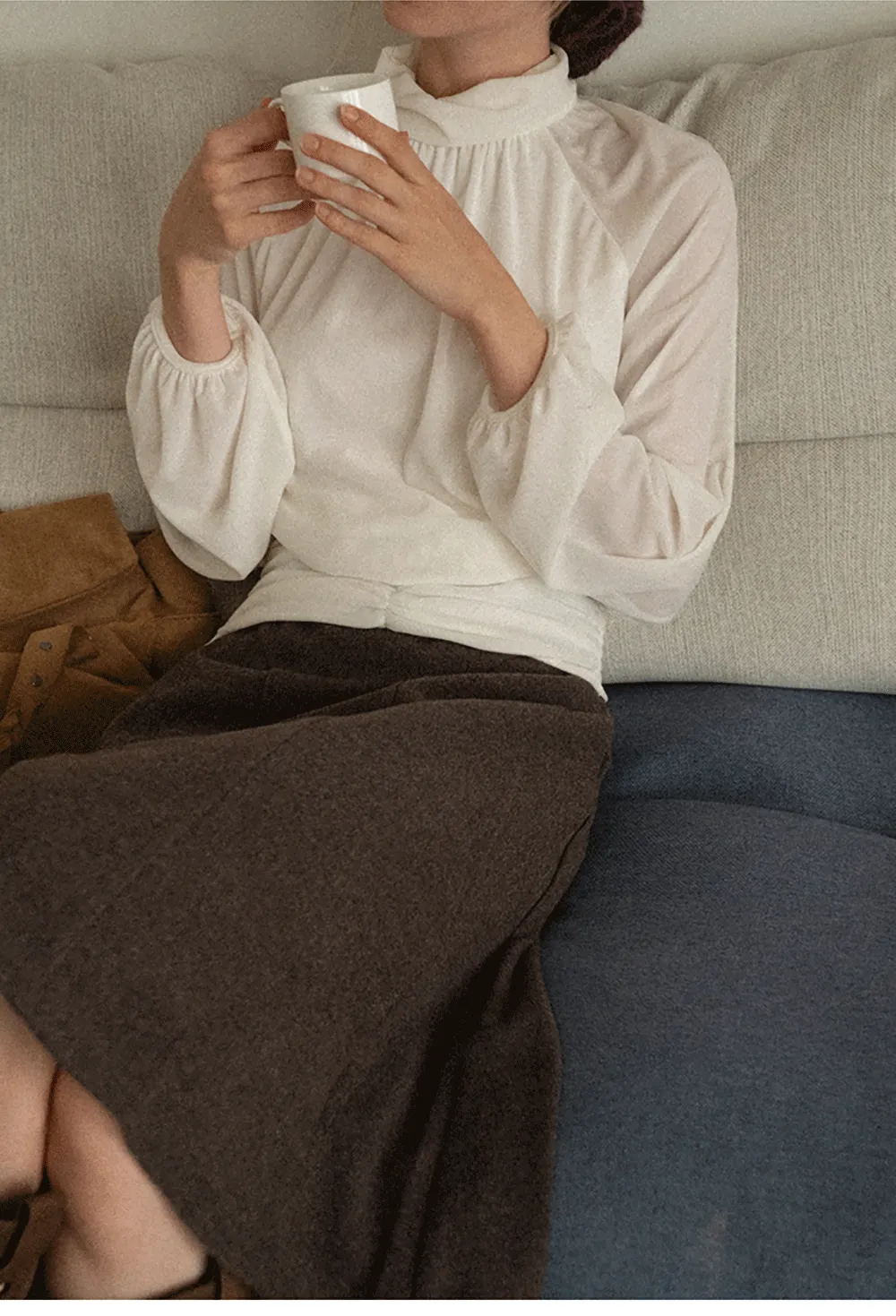 High Neck Pleated Blouse with Sheer Long Sleeves