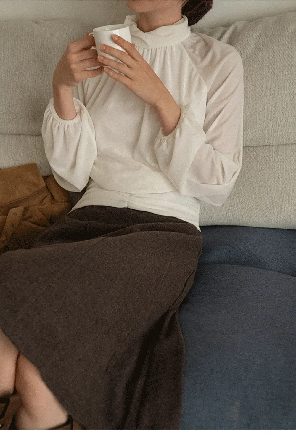 High Neck Pleated Blouse with Sheer Long Sleeves