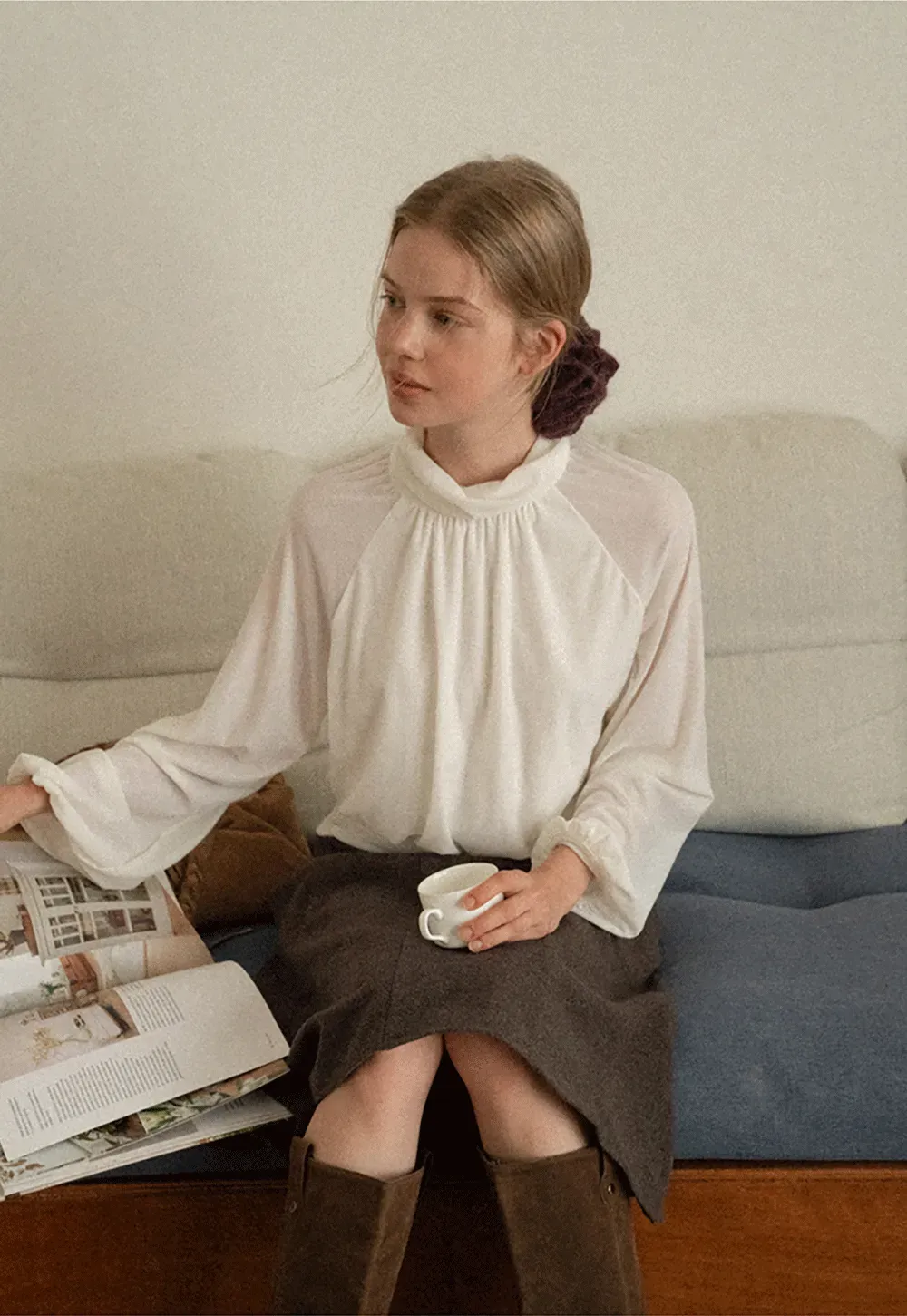 High Neck Pleated Blouse with Sheer Long Sleeves