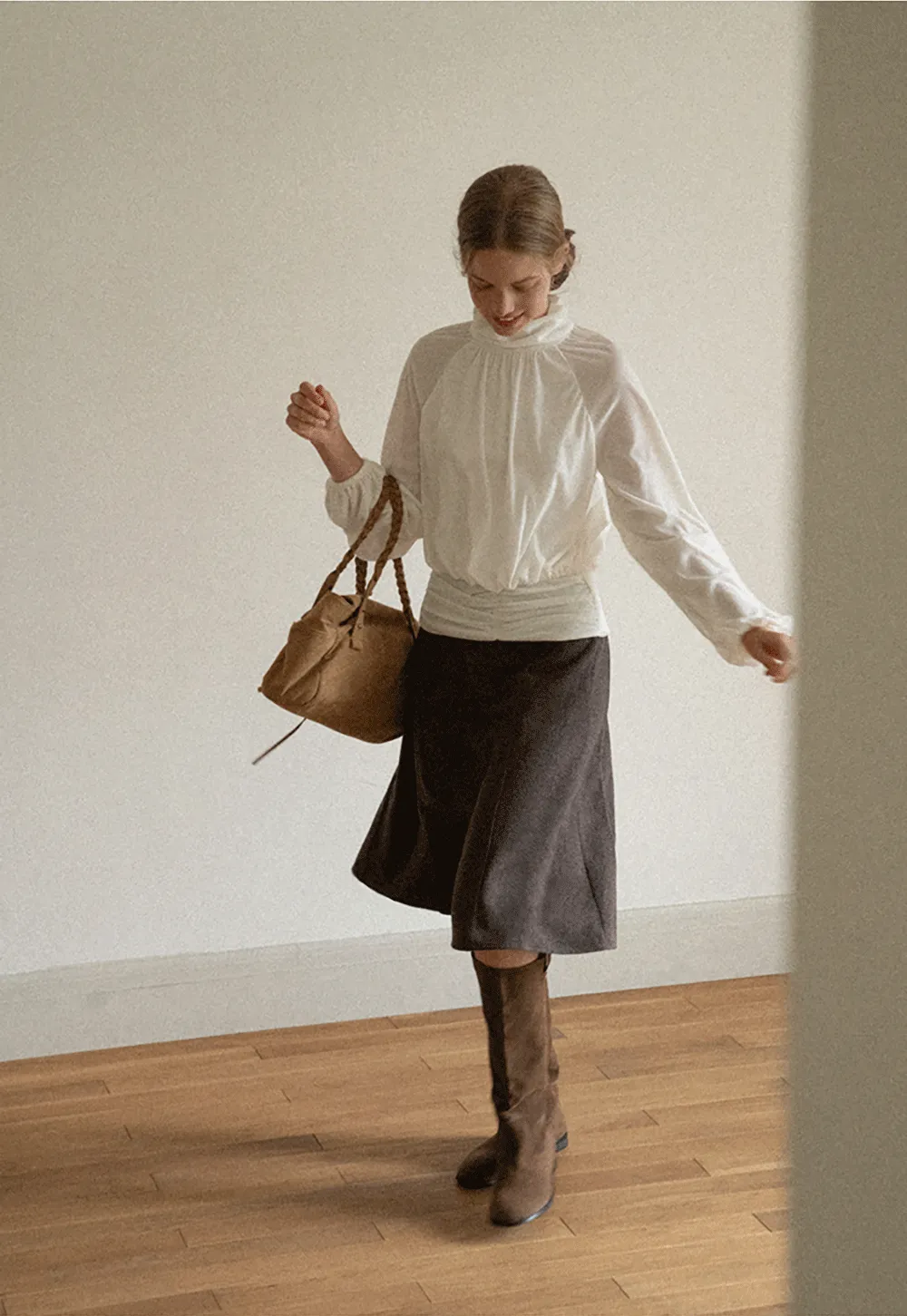 High Neck Pleated Blouse with Sheer Long Sleeves