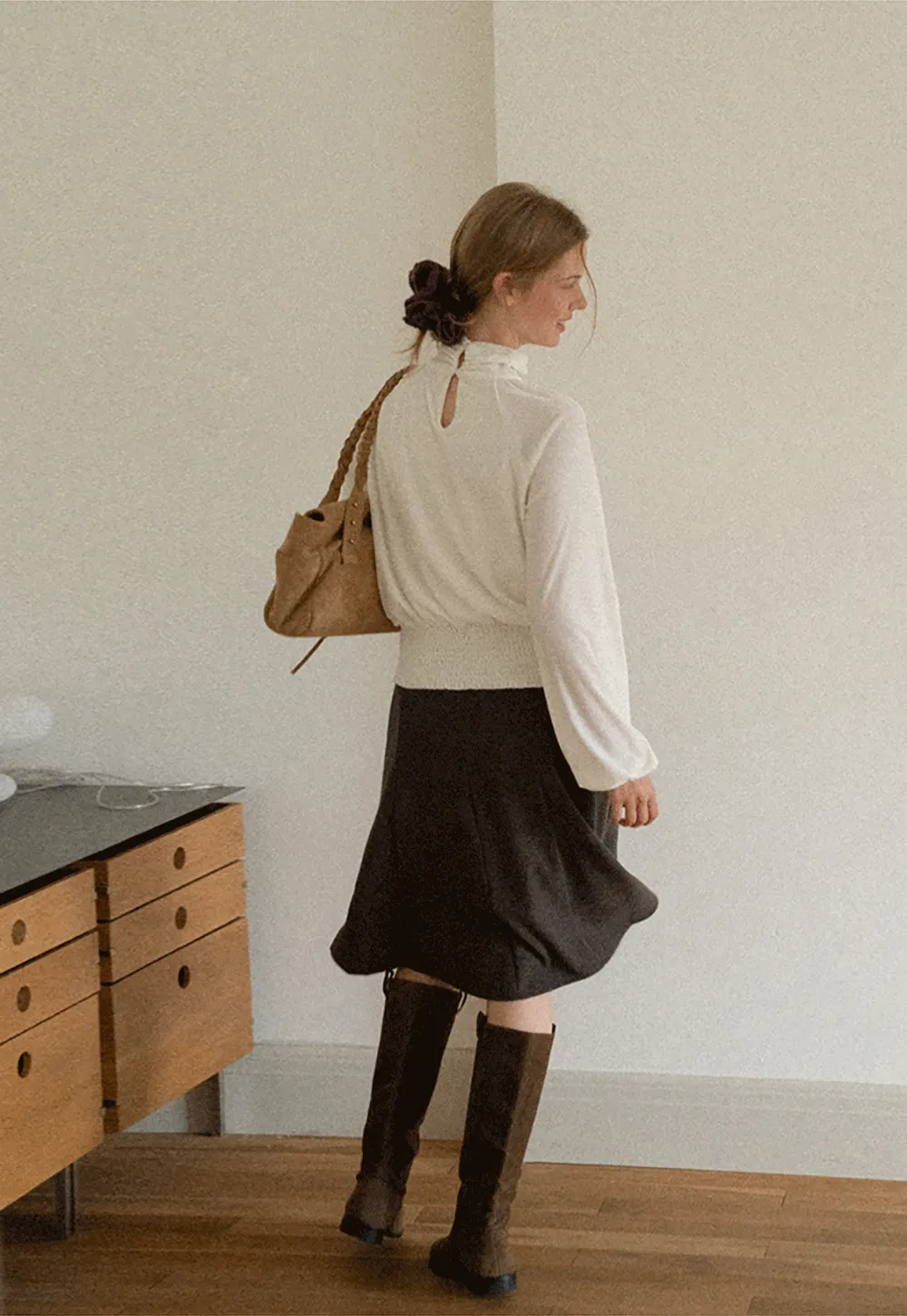 High Neck Pleated Blouse with Sheer Long Sleeves