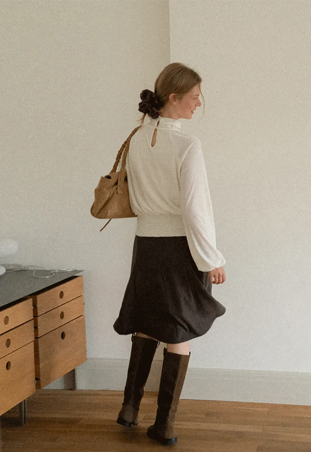 High Neck Pleated Blouse with Sheer Long Sleeves