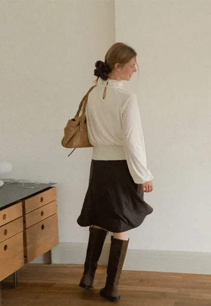 High Neck Pleated Blouse with Sheer Long Sleeves