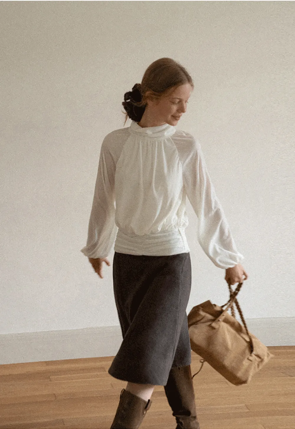 High Neck Pleated Blouse with Sheer Long Sleeves