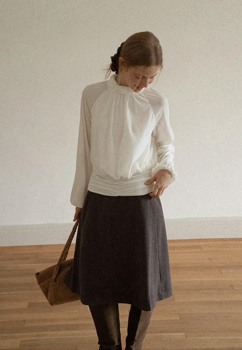 High Neck Pleated Blouse with Sheer Long Sleeves