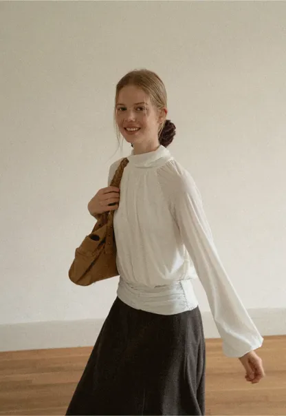 High Neck Pleated Blouse with Sheer Long Sleeves