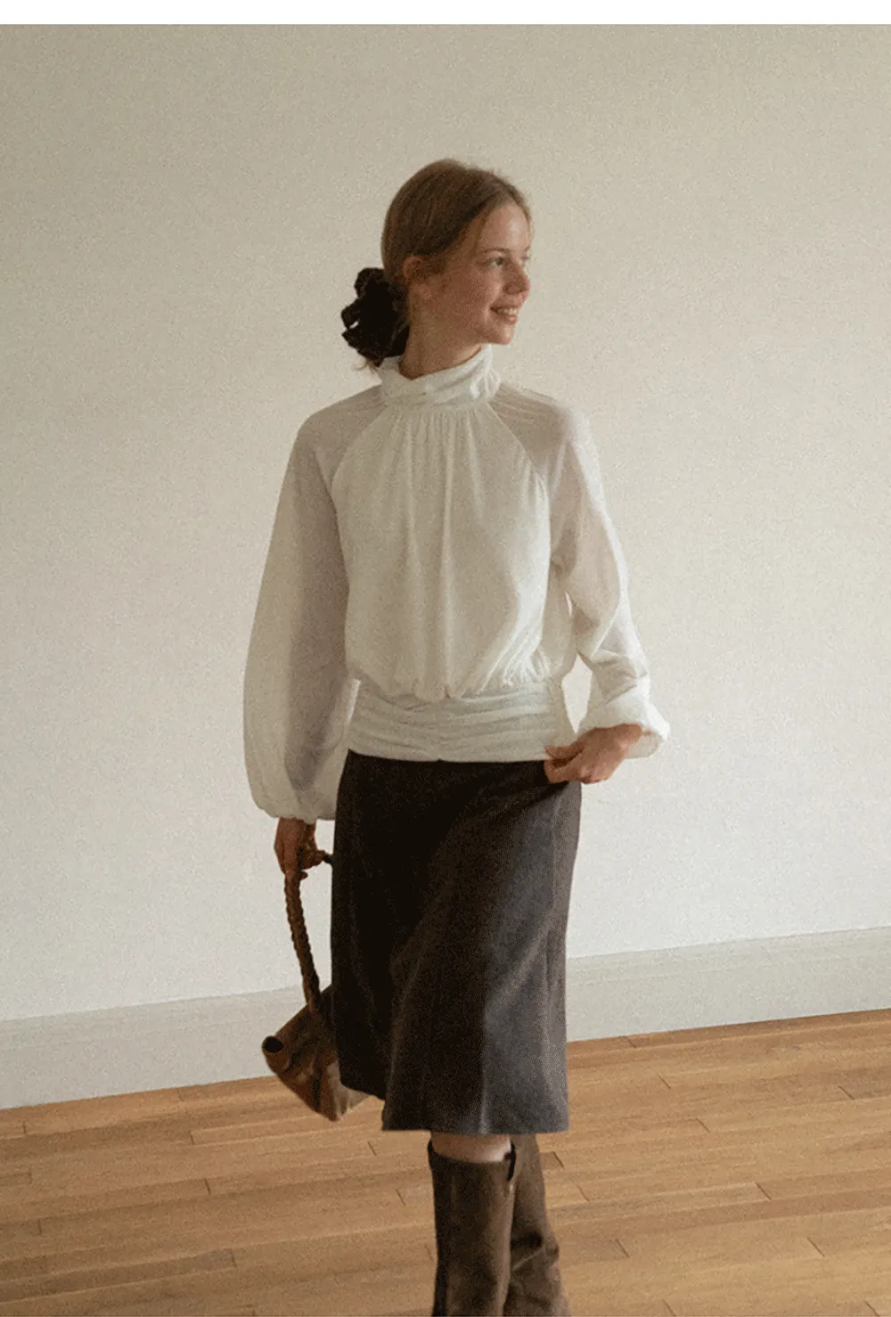 High Neck Pleated Blouse with Sheer Long Sleeves