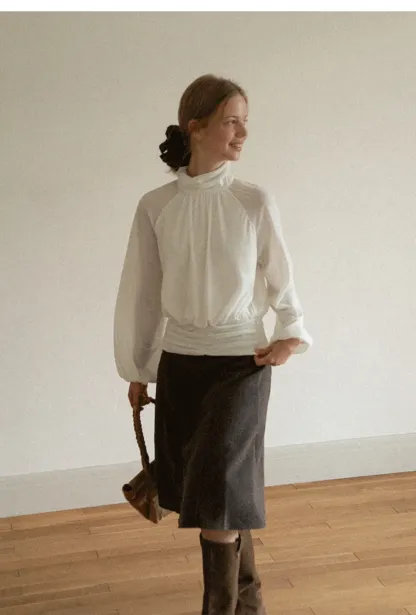 High Neck Pleated Blouse with Sheer Long Sleeves