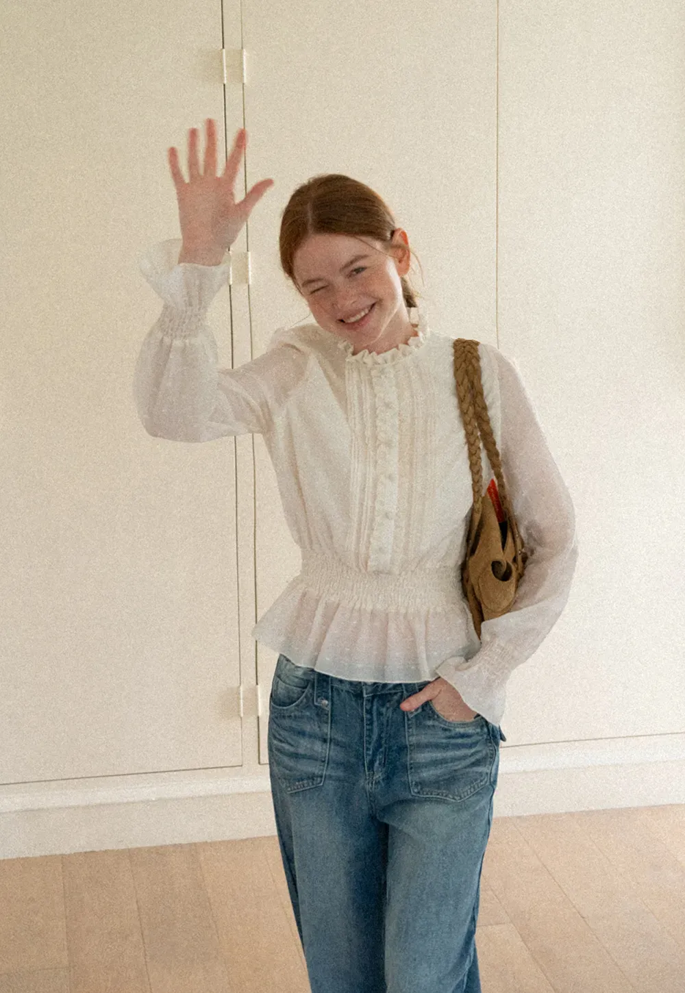 Ruffled Collar Smocked Waist Blouse