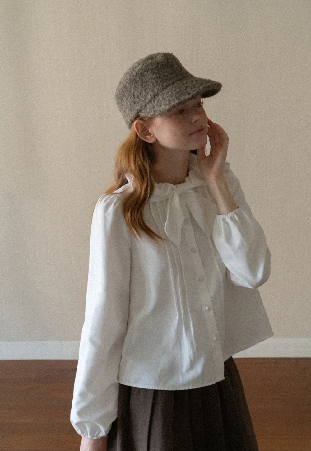 Ruffled Bow Neck Long Sleeve Button Up Shirt