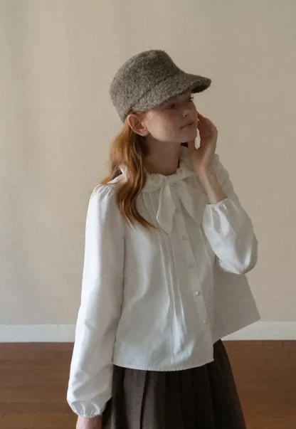 Ruffled Bow Neck Long Sleeve Button Up Shirt