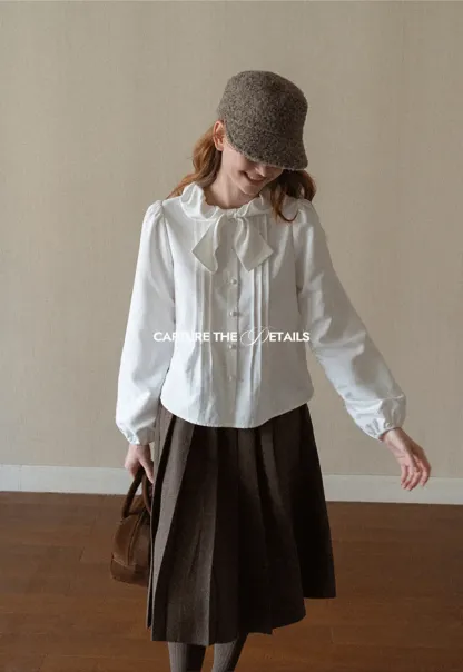 Ruffled Bow Neck Long Sleeve Button Up Shirt