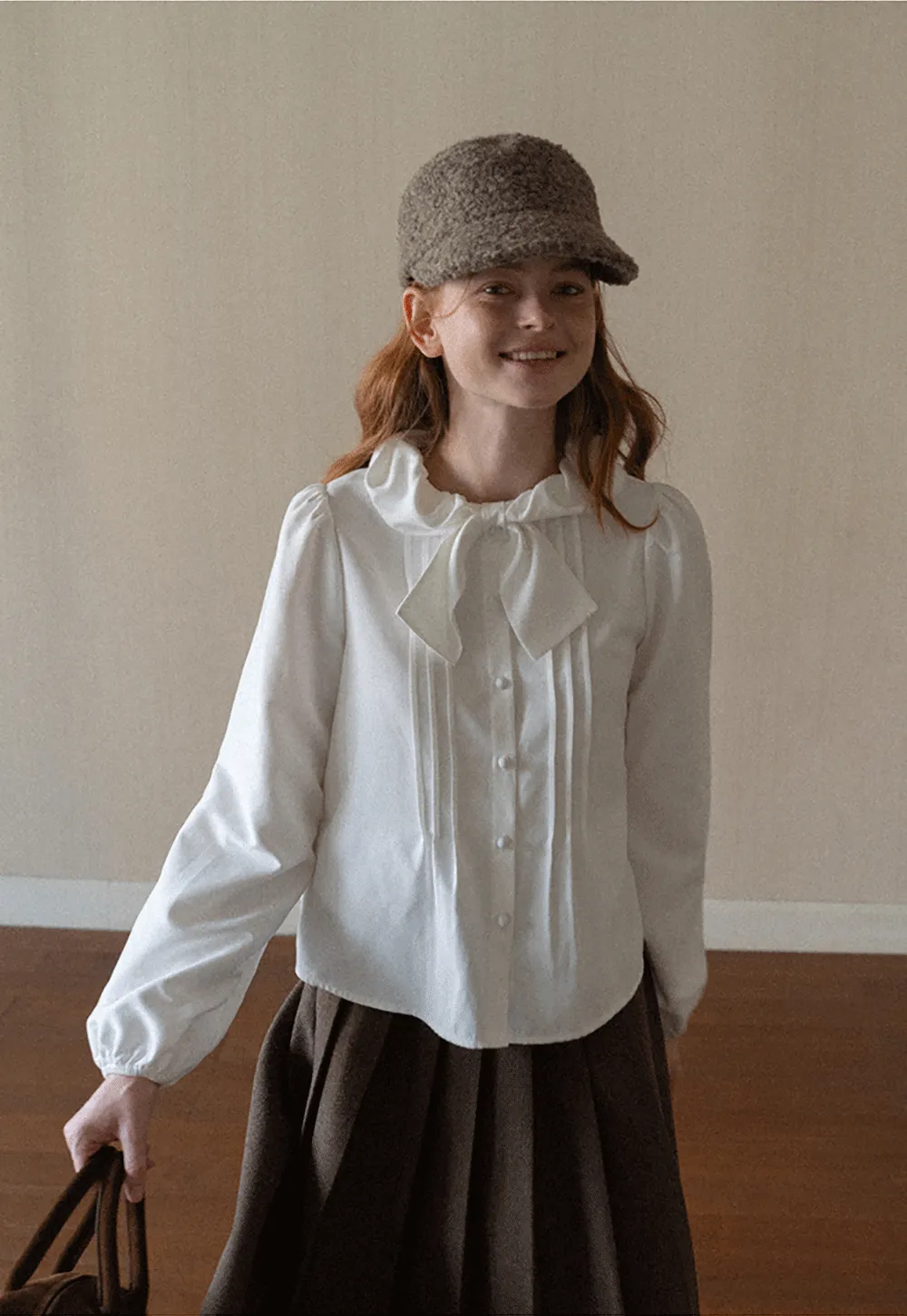 Ruffled Bow Neck Long Sleeve Button Up Shirt