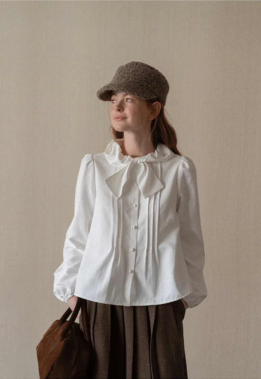 Ruffled Bow Neck Long Sleeve Button Up Shirt