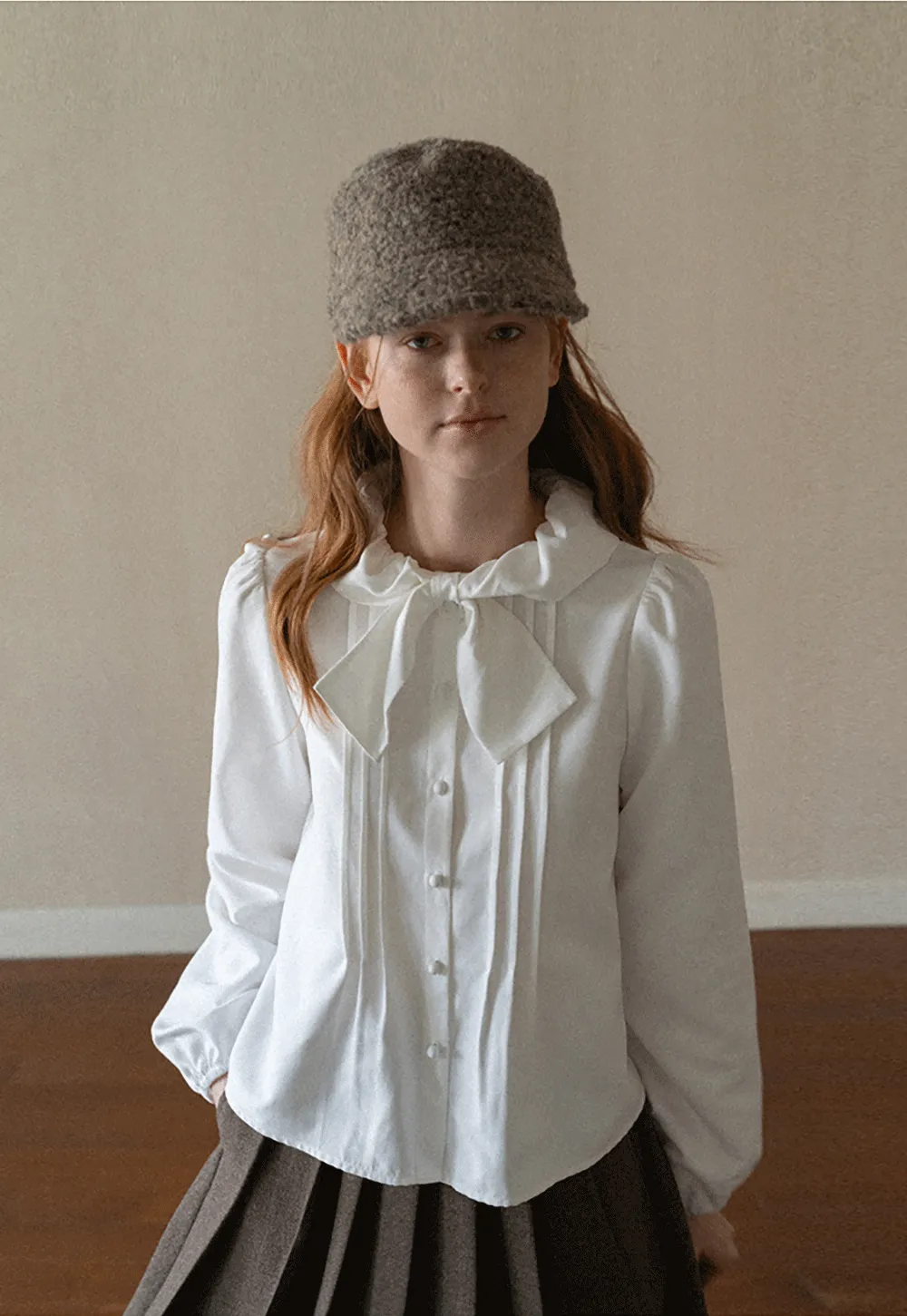 Ruffled Bow Neck Long Sleeve Button Up Shirt