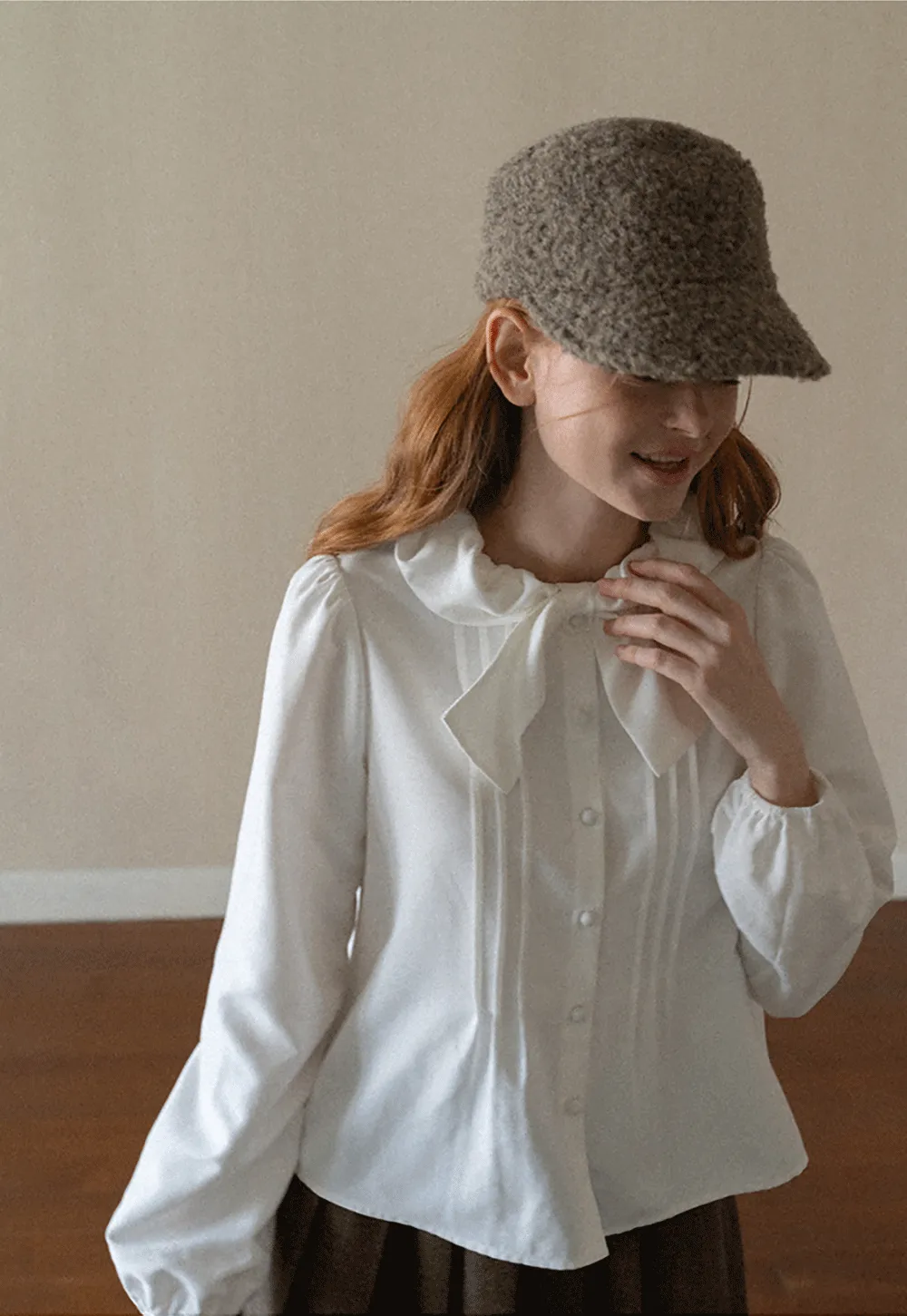 Ruffled Bow Neck Long Sleeve Button Up Shirt