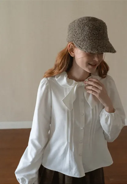 Ruffled Bow Neck Long Sleeve Button Up Shirt