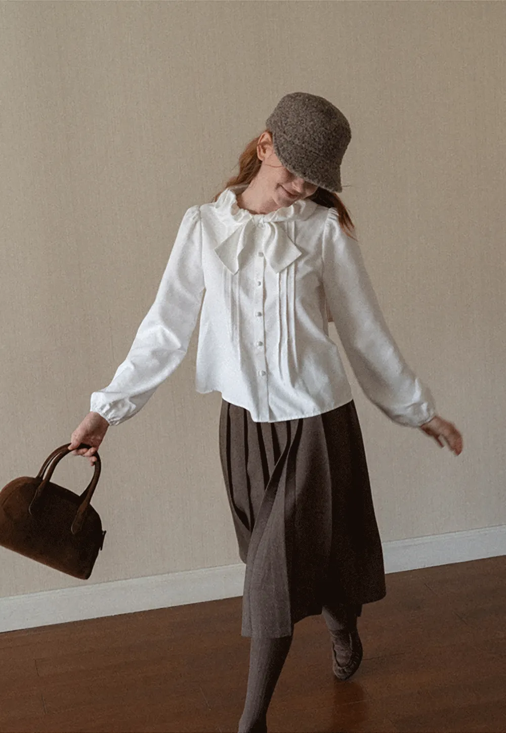 Ruffled Bow Neck Long Sleeve Button Up Shirt