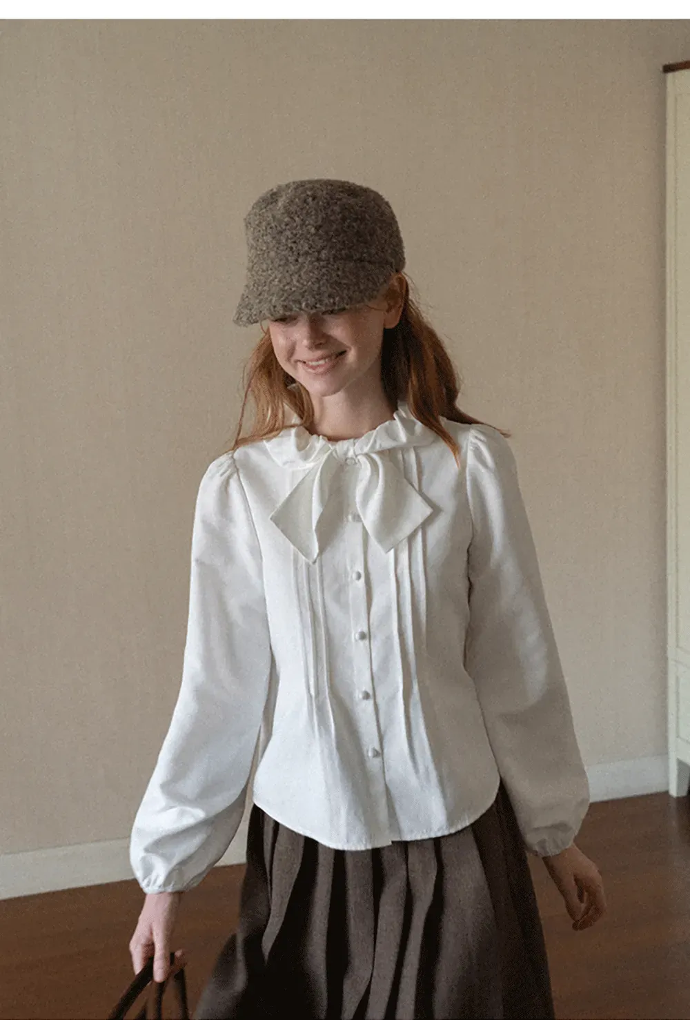 Ruffled Bow Neck Long Sleeve Button Up Shirt
