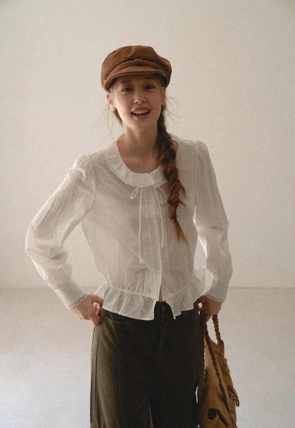 Ruffled Collar Tie Front Sheer Blouse