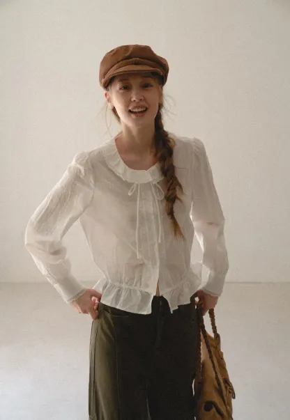 Ruffled Collar Tie Front Sheer Blouse