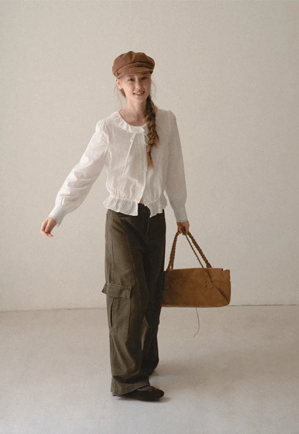 Ruffled Collar Tie Front Sheer Blouse