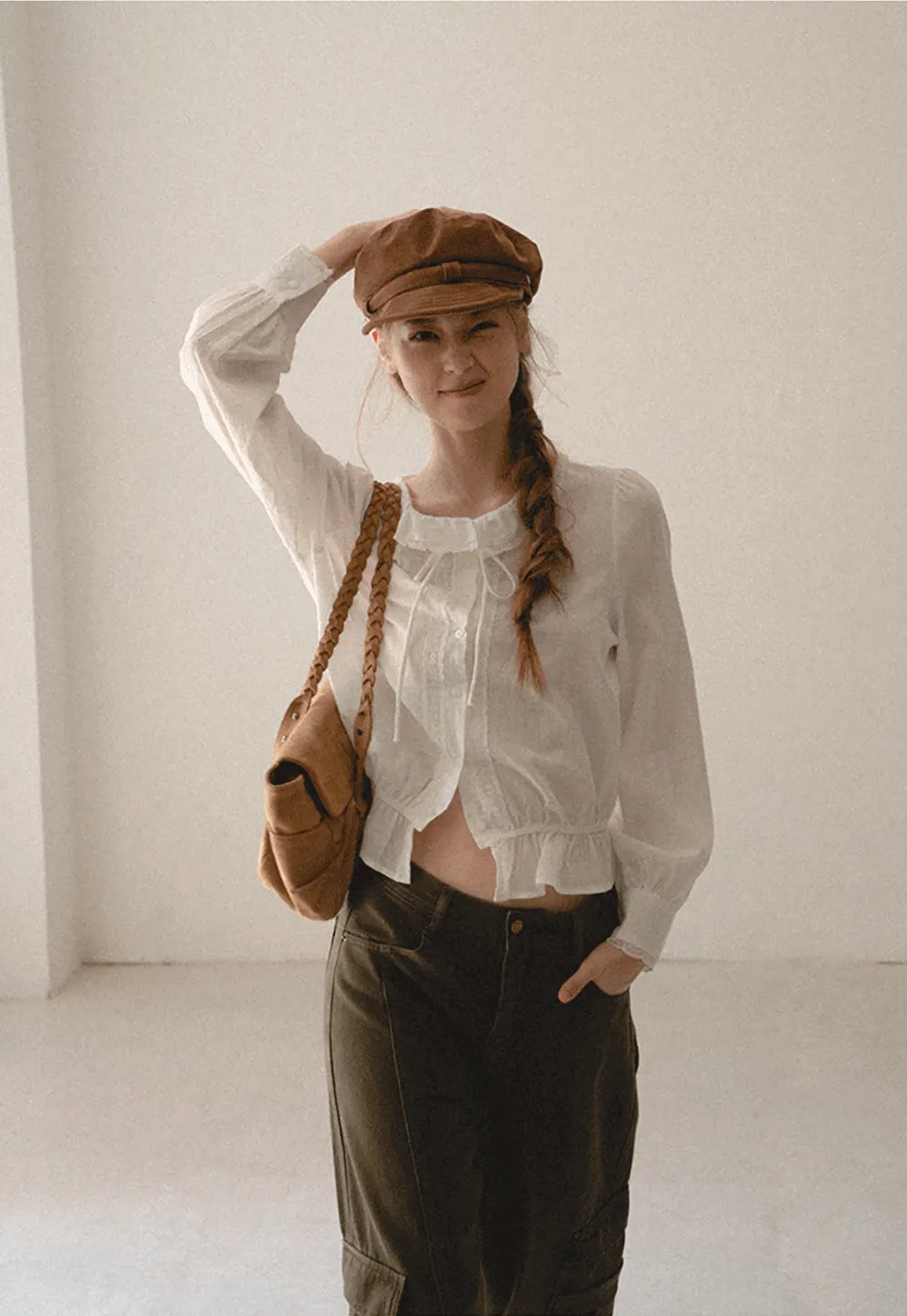 Ruffled Collar Tie Front Sheer Blouse