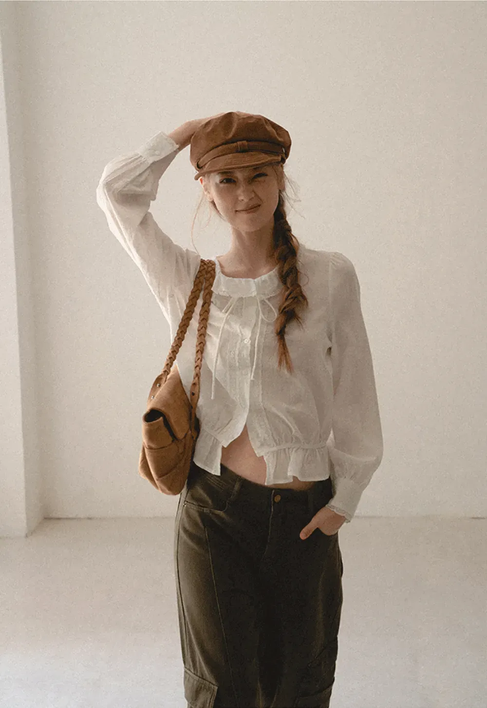 Ruffled Collar Tie Front Sheer Blouse
