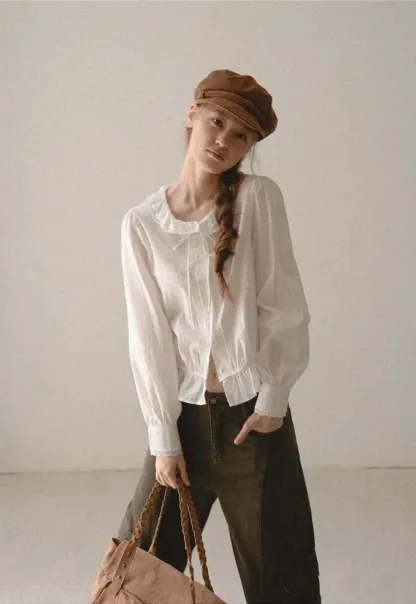 Ruffled Collar Tie Front Sheer Blouse
