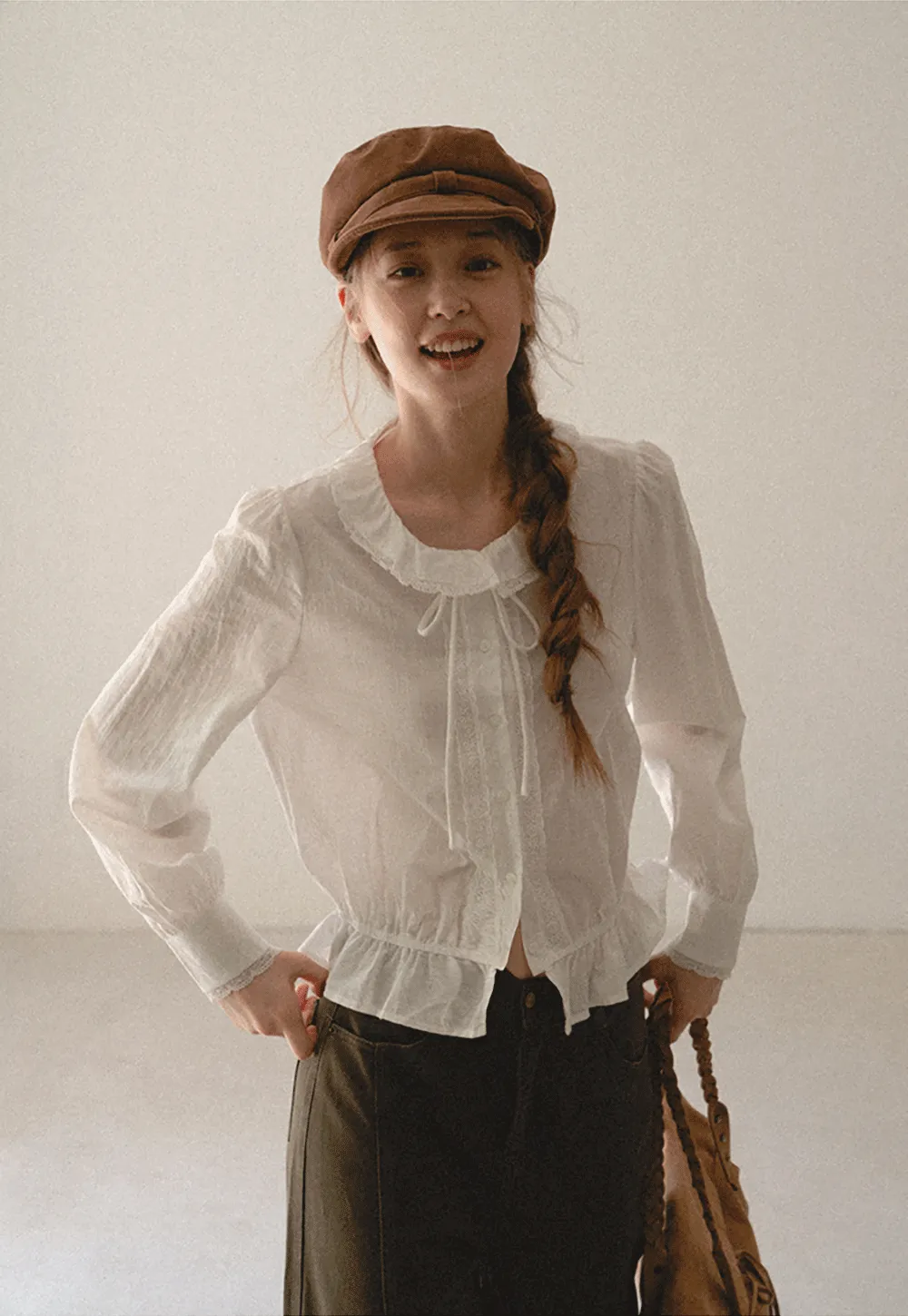 Ruffled Collar Tie Front Sheer Blouse