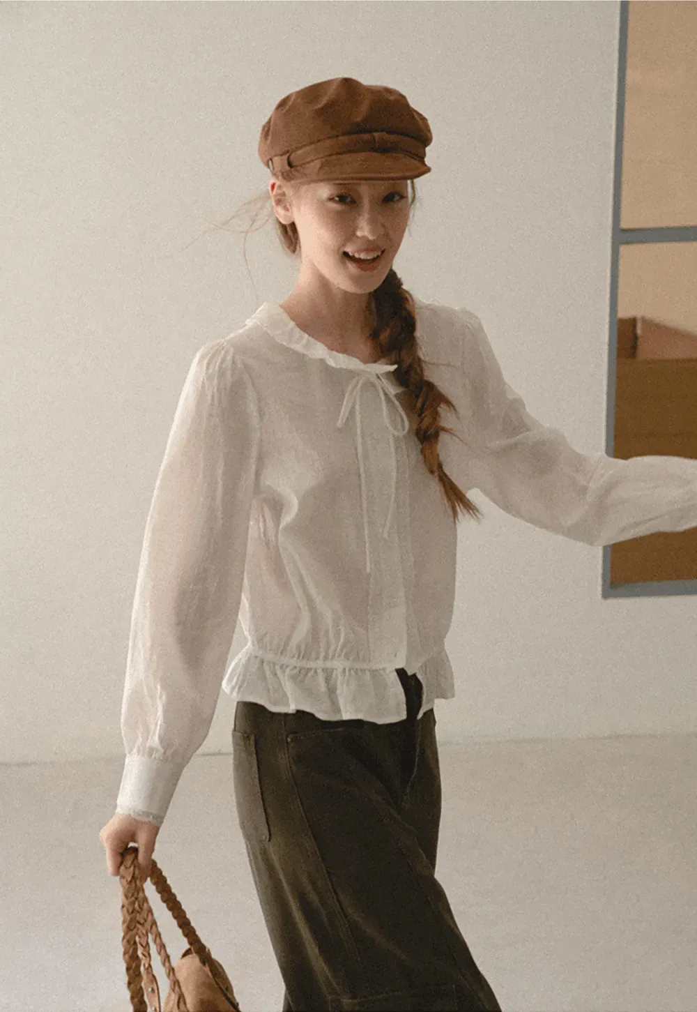 Ruffled Collar Tie Front Sheer Blouse