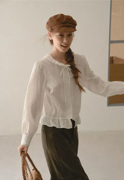 Ruffled Collar Tie Front Sheer Blouse