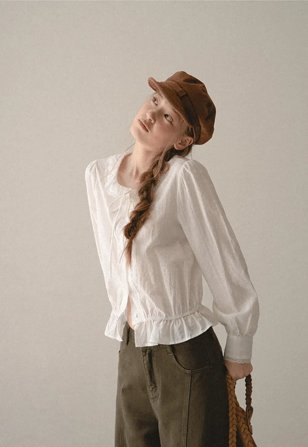 Ruffled Collar Tie Front Sheer Blouse