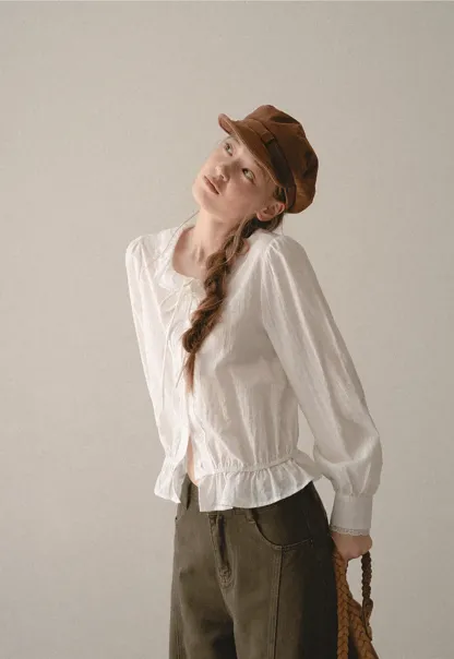 Ruffled Collar Tie Front Sheer Blouse