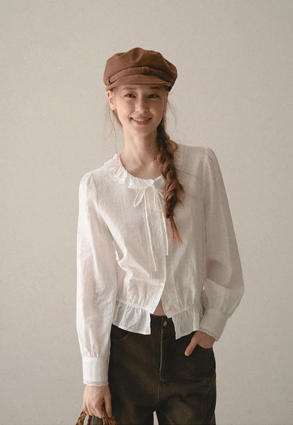 Ruffled Collar Tie Front Sheer Blouse