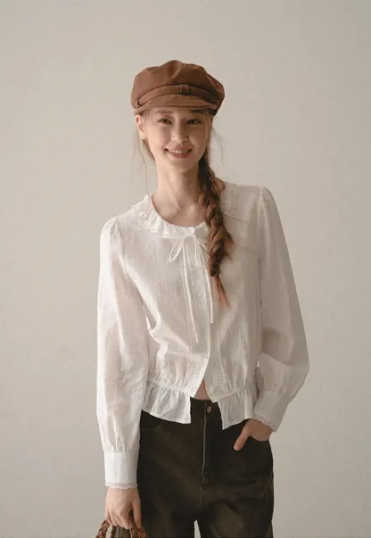 Ruffled Collar Tie Front Sheer Blouse