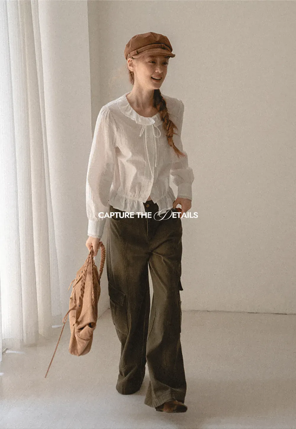 Ruffled Collar Tie Front Sheer Blouse