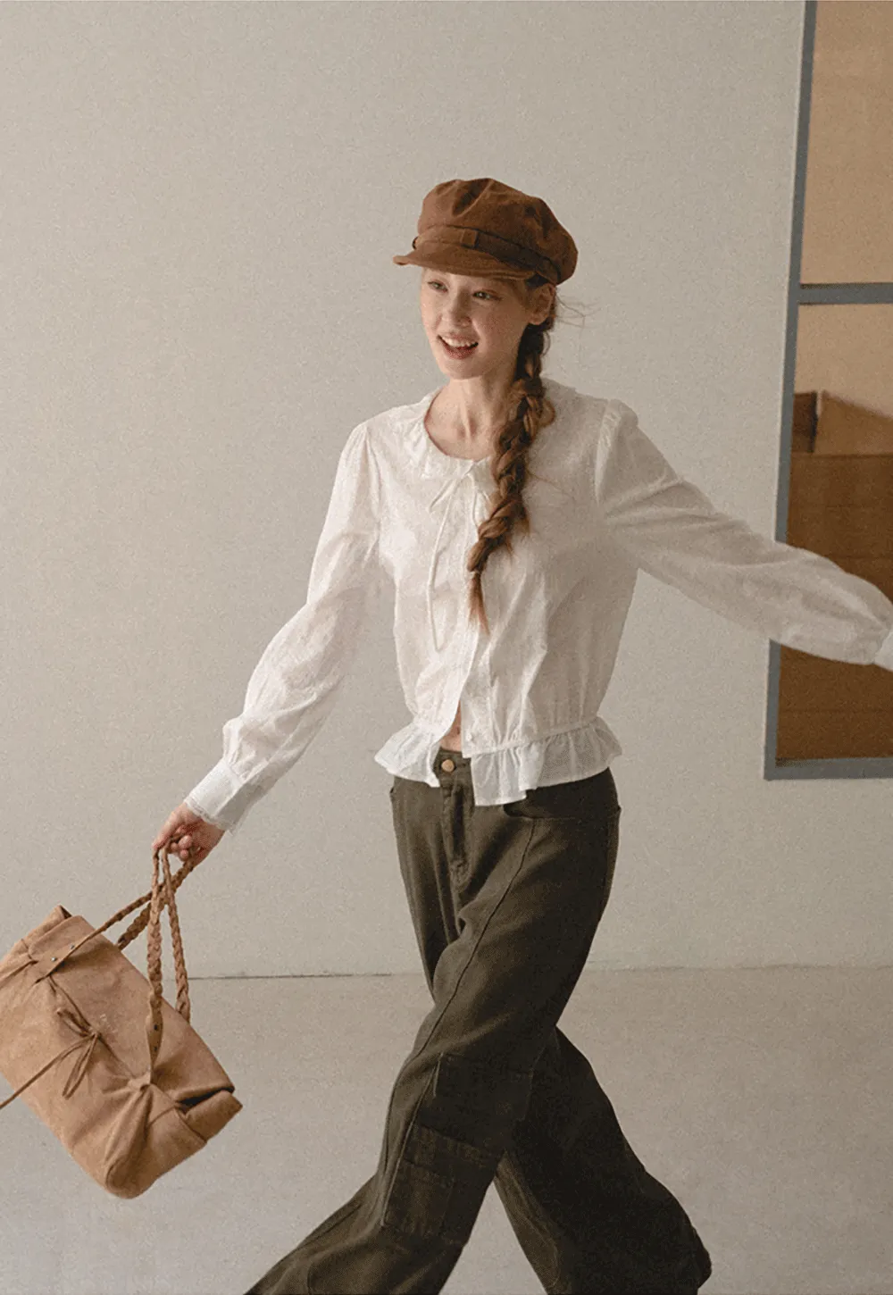 Ruffled Collar Tie Front Sheer Blouse