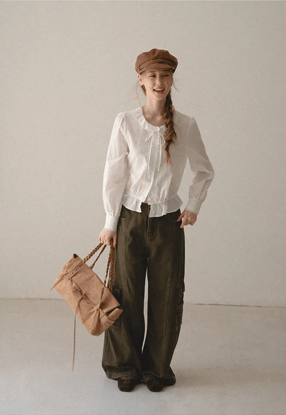Ruffled Collar Tie Front Sheer Blouse