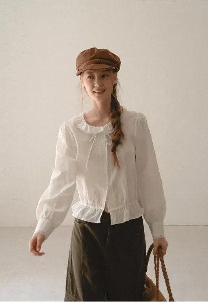 Ruffled Collar Tie Front Sheer Blouse
