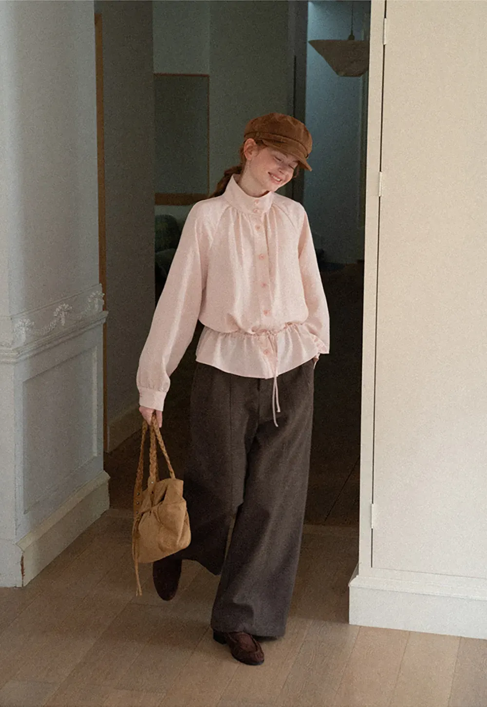 High Collar Drawstring Waist Blouse