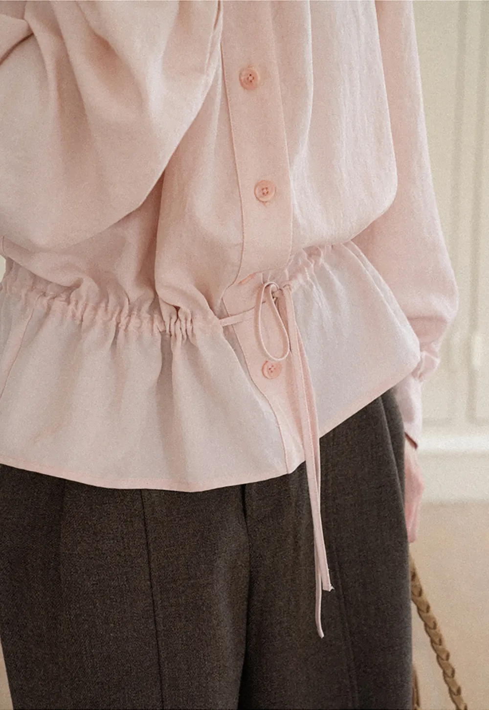 High Collar Drawstring Waist Blouse