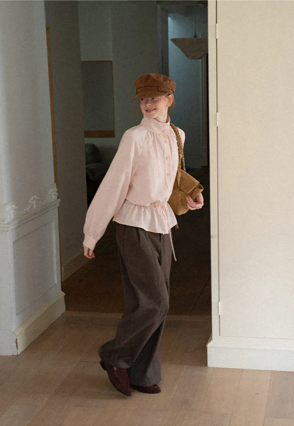High Collar Drawstring Waist Blouse