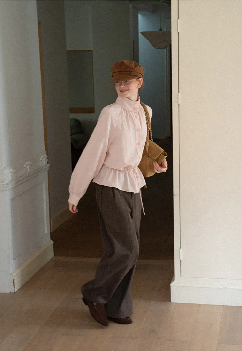 High Collar Drawstring Waist Blouse