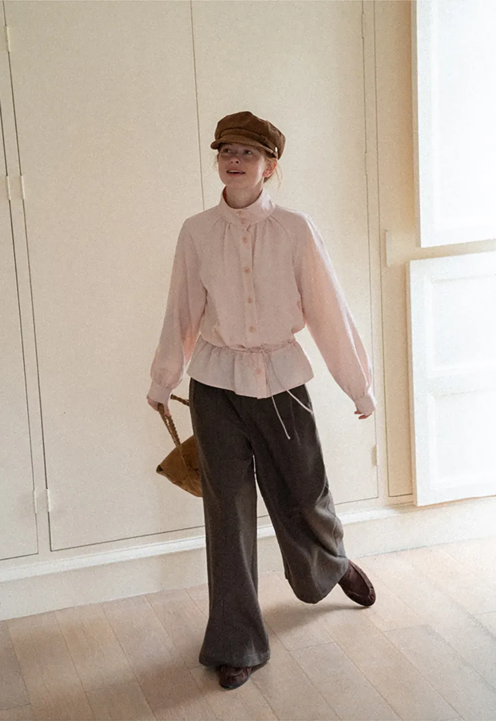 High Collar Drawstring Waist Blouse